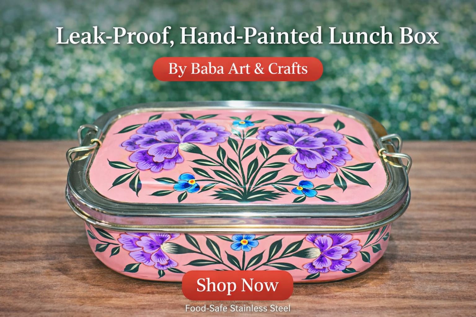 Single tier rectangular hand-painted stainless steel lunch box from Kashmir, lead-free and leak-proof enamelware